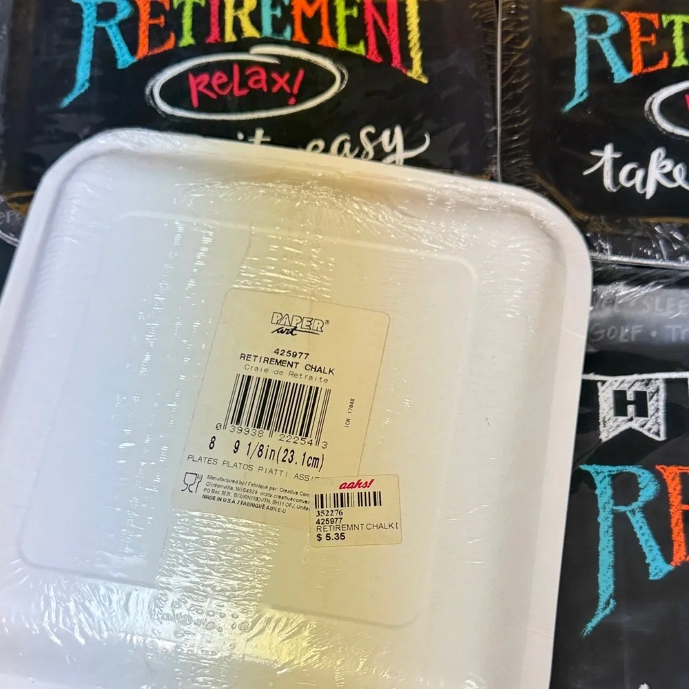 Happy Retirement Party Plates - Black and Multicolor 32 total 9 1/8 inch plates
